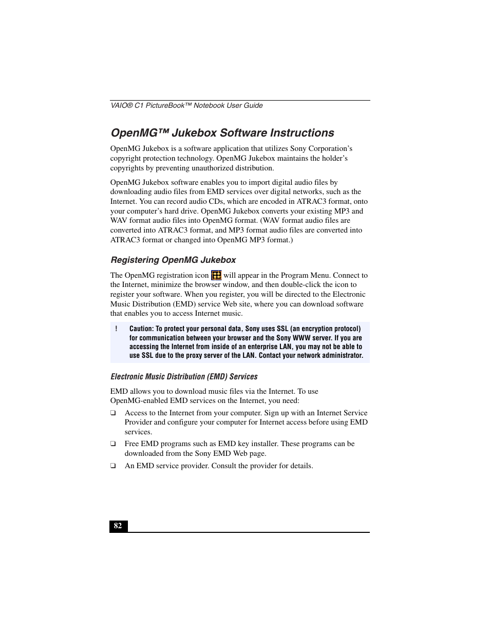 Openmg™ jukebox software instructions, Registering openmg jukebox, Electronic music distribution (emd) services | Sony PCG-C1VN User Manual | Page 83 / 125