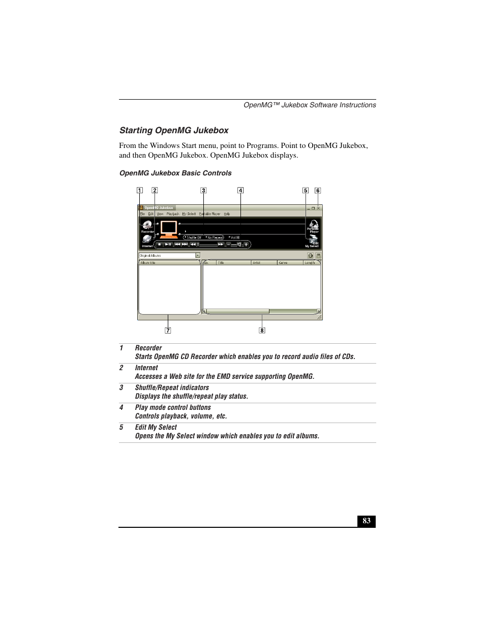 Starting openmg jukebox, Openmg jukebox basic controls | Sony PCG-C1VN User Manual | Page 84 / 125