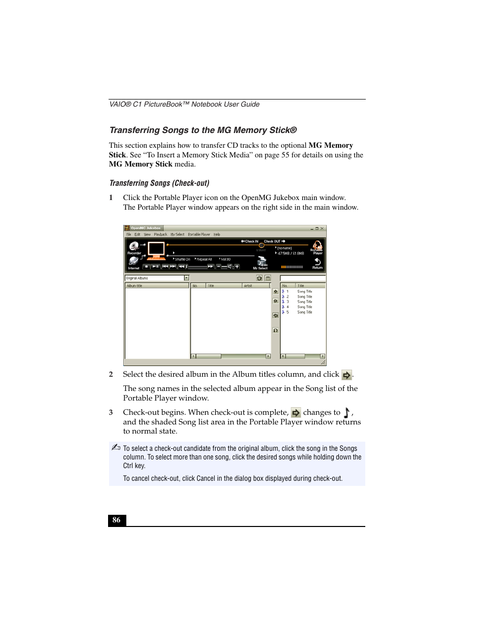 Transferring songs to the mg memory stick, Transferring songs (check-out) | Sony PCG-C1VN User Manual | Page 87 / 125