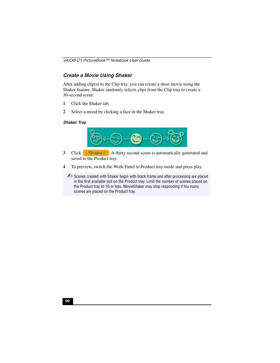 Create a movie using shaker, 1 click the shaker tab, Shaker tray | Sony PCG-C1VN User Manual | Page 91 / 125