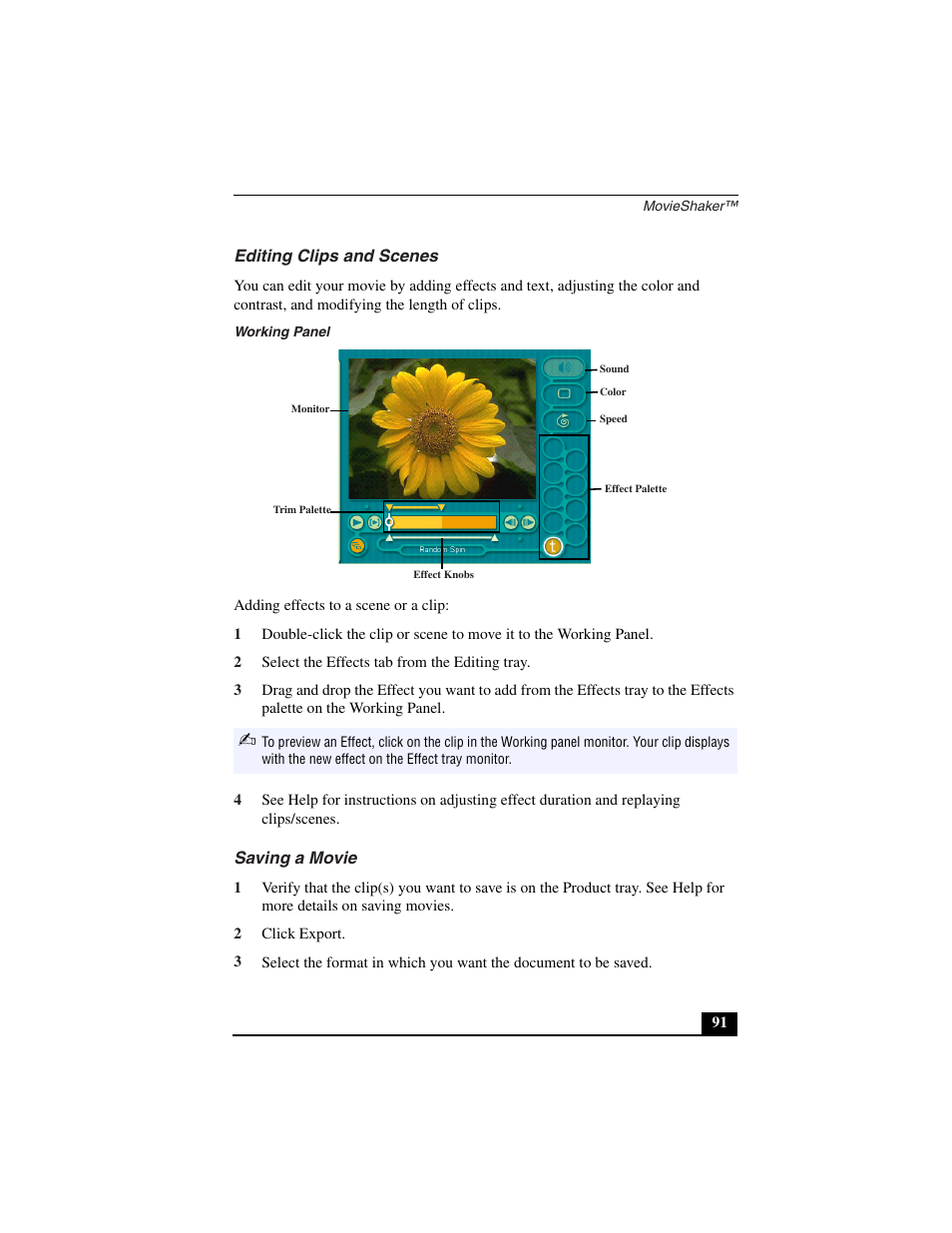 Editing clips and scenes, Working panel, 2 select the effects tab from the editing tray | Saving a movie, 2 click export | Sony PCG-C1VN User Manual | Page 92 / 125