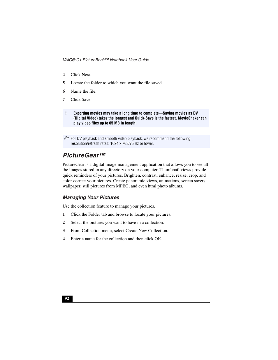 4 click next, 6 name the file, 7 click save | Picturegear, Managing your pictures | Sony PCG-C1VN User Manual | Page 93 / 125