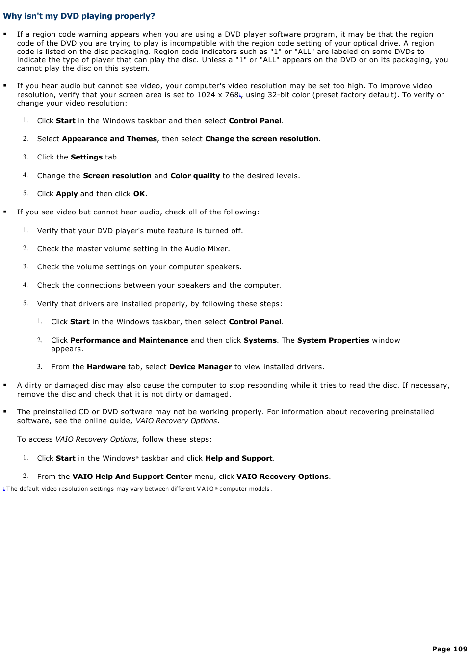 Why isn't my dvd playing properly | Sony PCV-RS500CG User Manual | Page 109 / 143