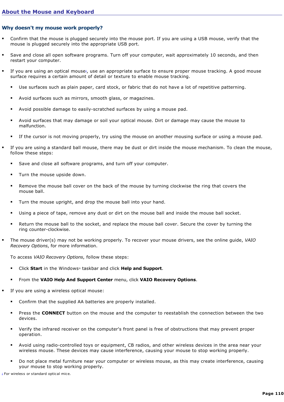 About the mouse and keyboard | Sony PCV-RS500CG User Manual | Page 110 / 143
