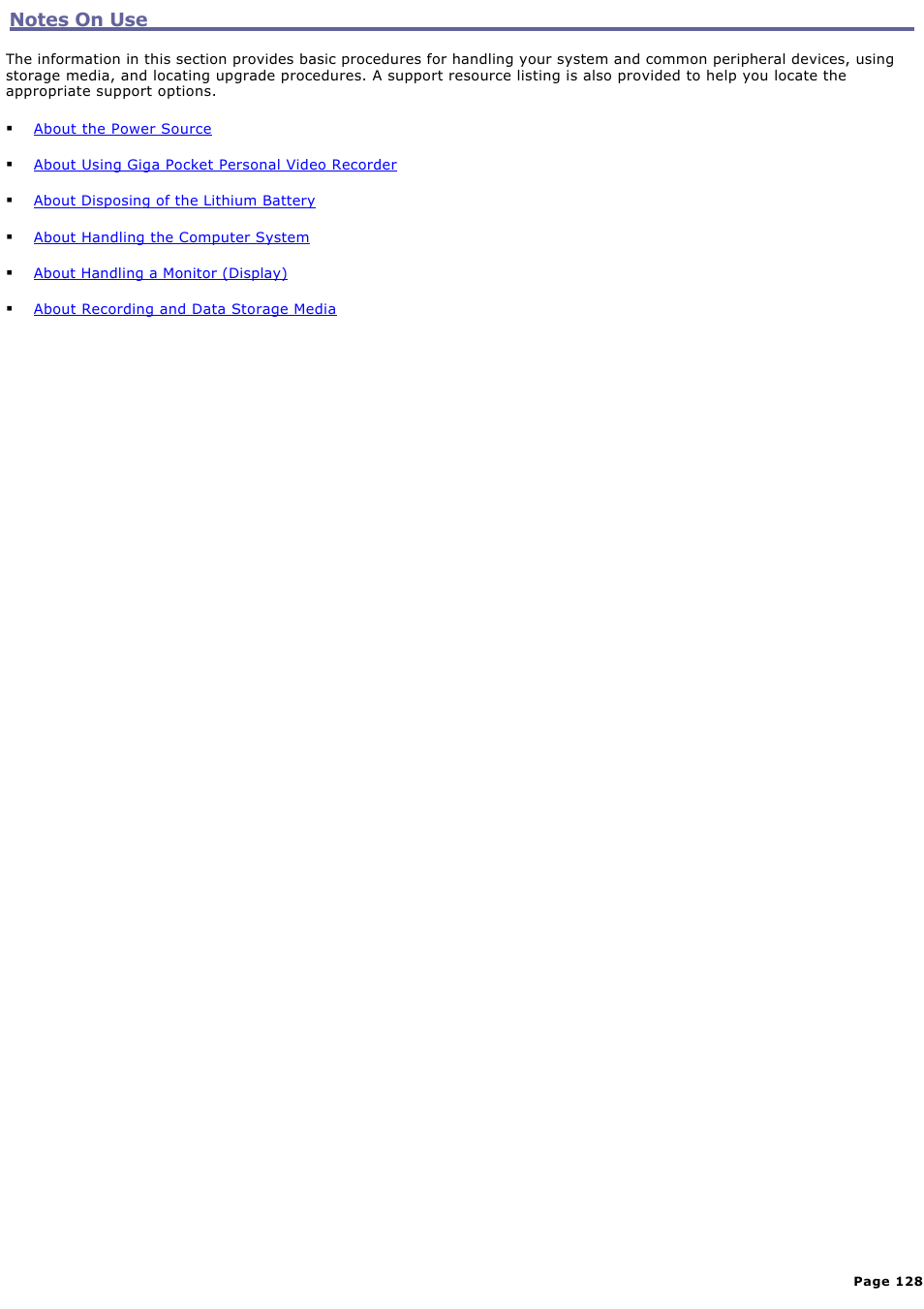 Notes on use | Sony PCV-RS500CG User Manual | Page 128 / 143