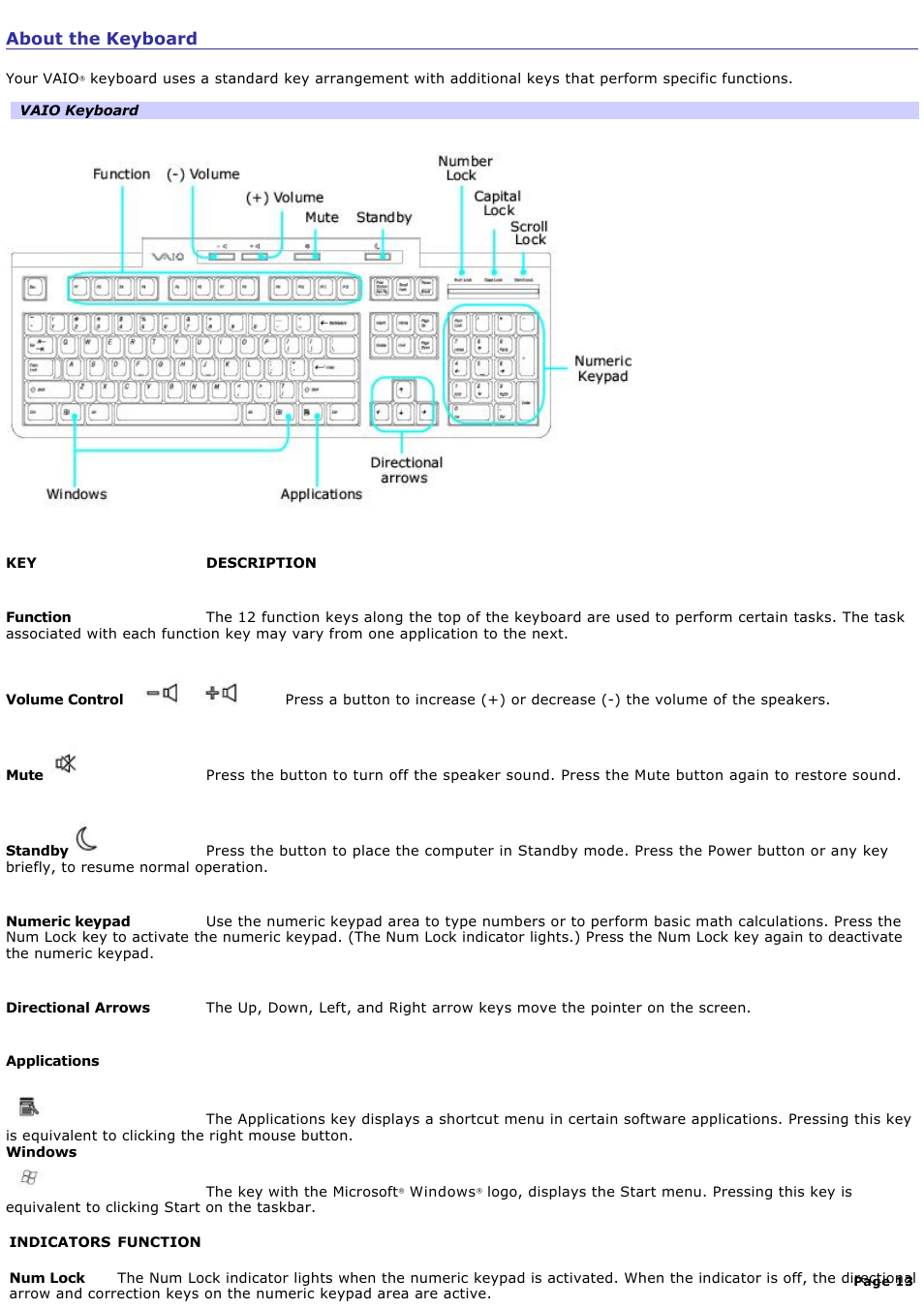About the keyboard | Sony PCV-RS500CG User Manual | Page 13 / 143