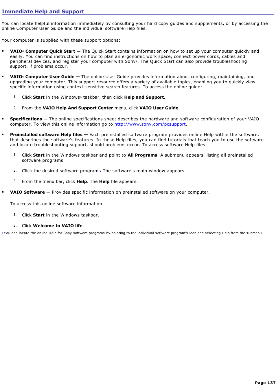 Immediate help and support | Sony PCV-RS500CG User Manual | Page 137 / 143