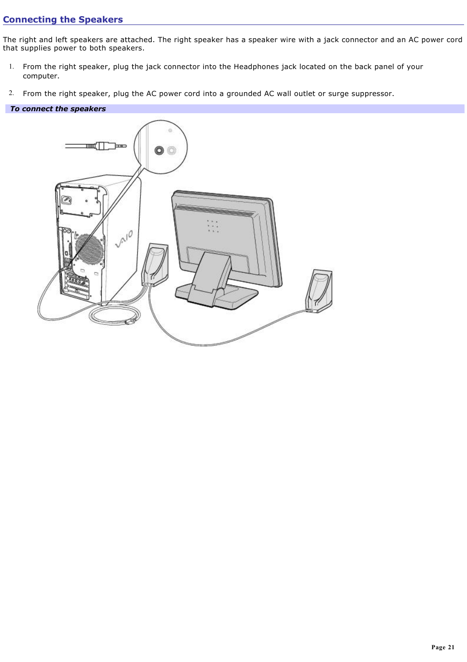 Connecting the speakers | Sony PCV-RS500CG User Manual | Page 21 / 143