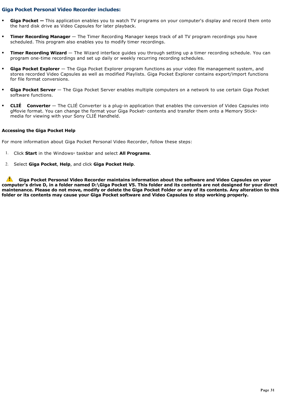 Giga pocket personal video recorder includes | Sony PCV-RS500CG User Manual | Page 31 / 143