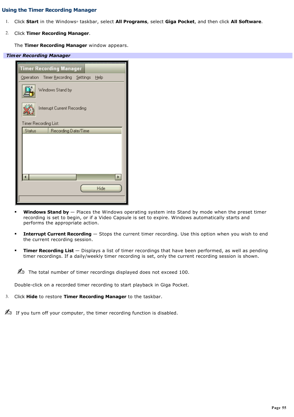 Using the timer recording manager | Sony PCV-RS500CG User Manual | Page 55 / 143