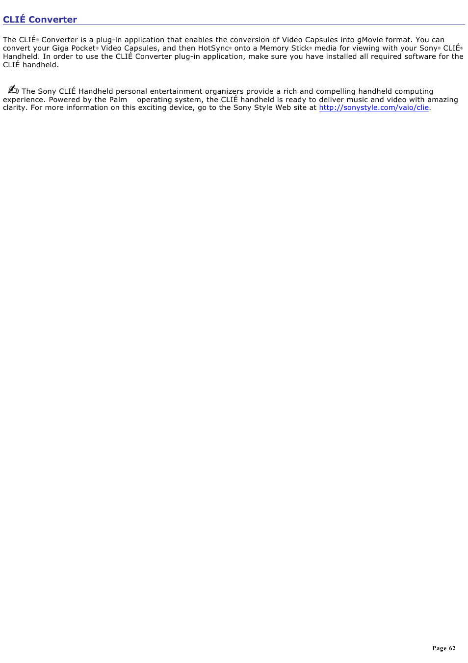 CliÉ converter, Clié converter | Sony PCV-RS500CG User Manual | Page 62 / 143