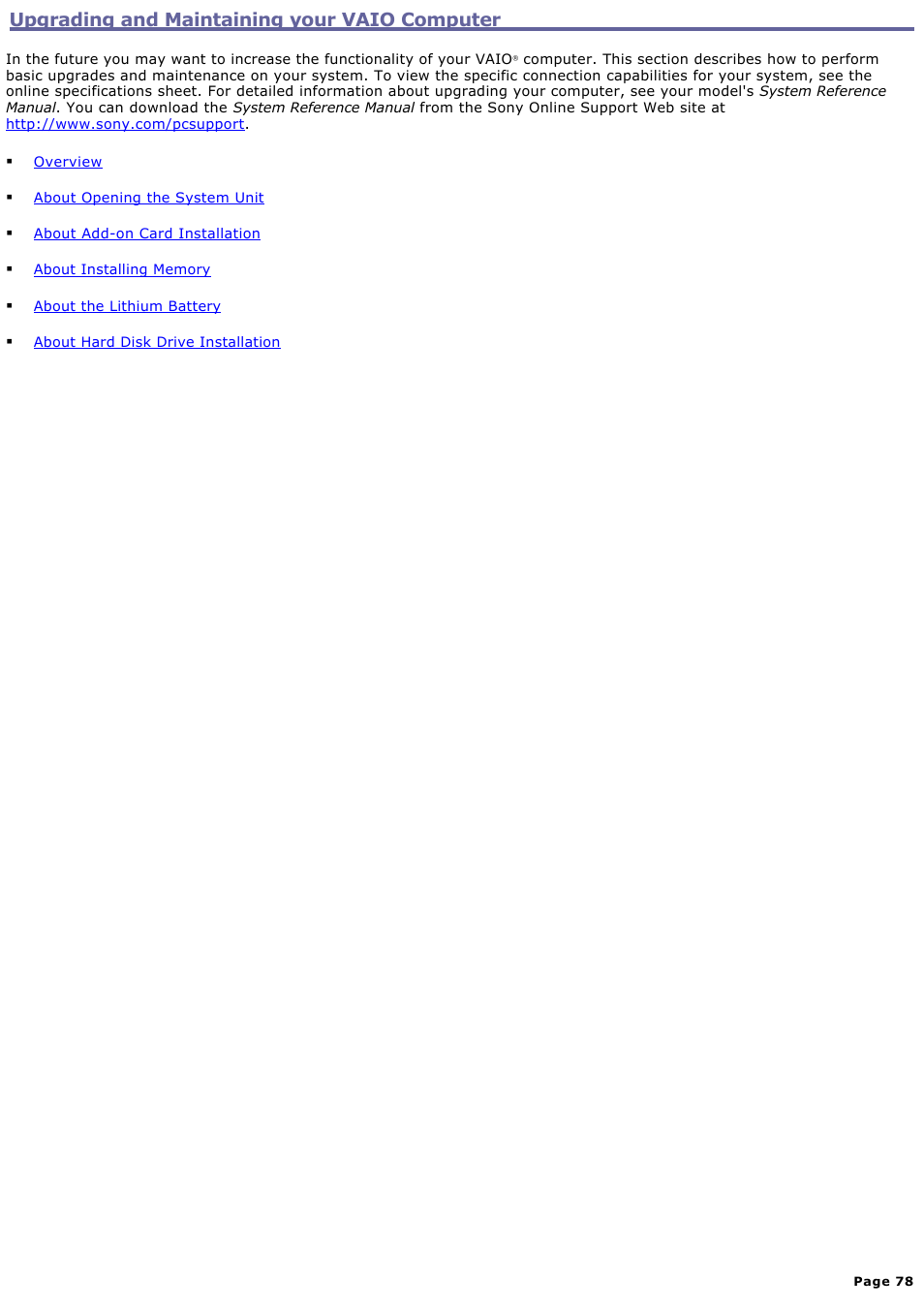 Upgrading and maintaining your vaio computer | Sony PCV-RS500CG User Manual | Page 78 / 143
