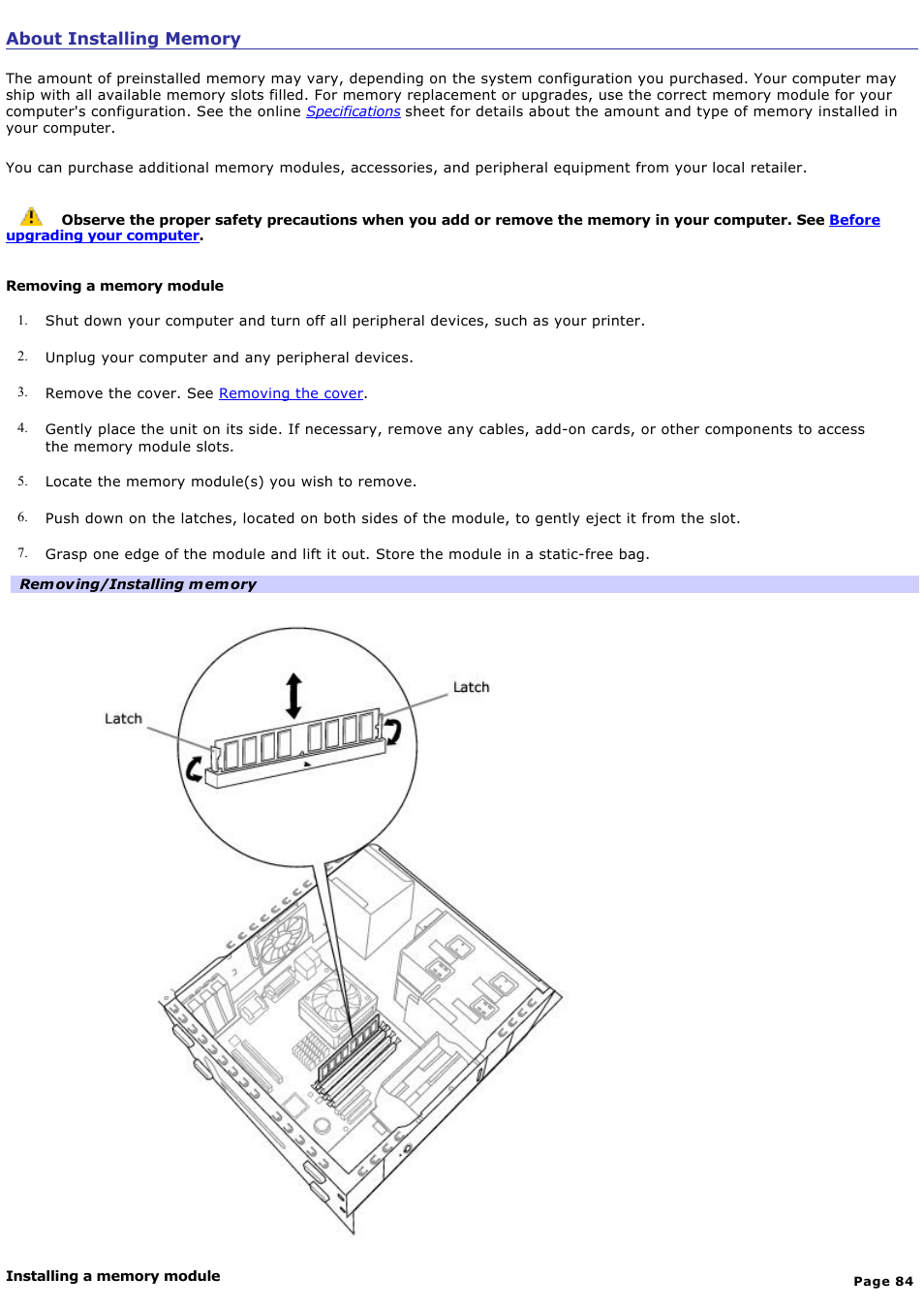 About installing memory | Sony PCV-RS500CG User Manual | Page 84 / 143