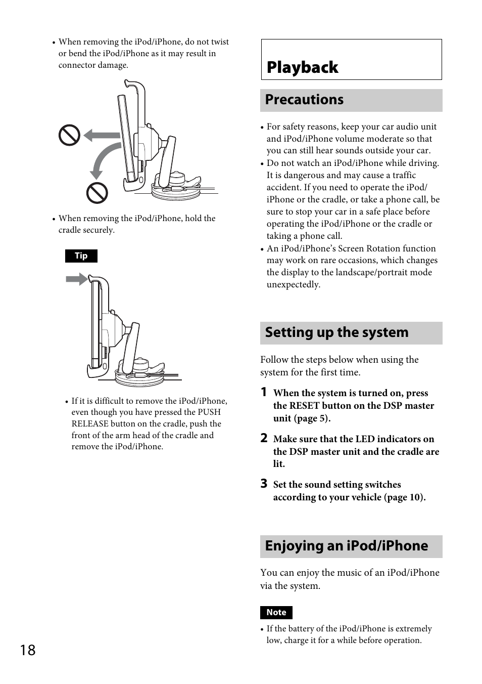 Playback, Precautions, Setting up the system | Enjoying an ipod/iphone | Sony XDP-PK1000 User Manual | Page 18 / 52