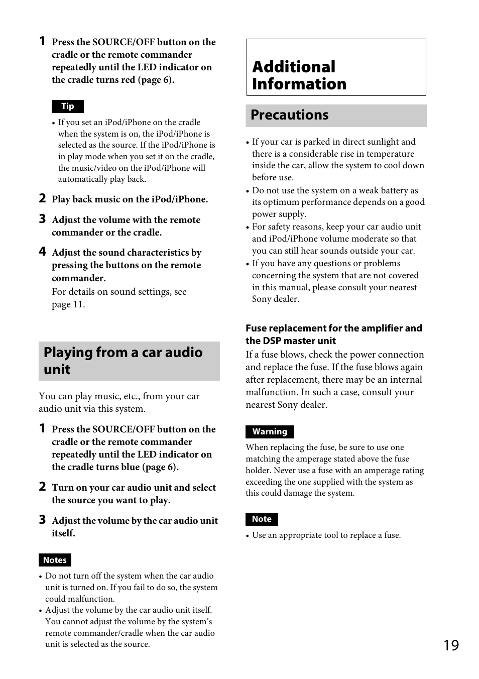 Playing from a car audio unit, Additional information, Precautions | Sony XDP-PK1000 User Manual | Page 19 / 52