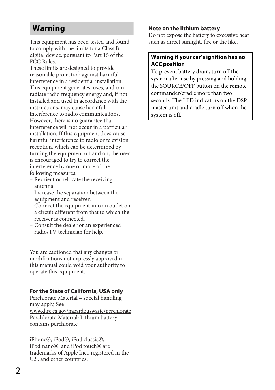 Warning | Sony XDP-PK1000 User Manual | Page 2 / 52