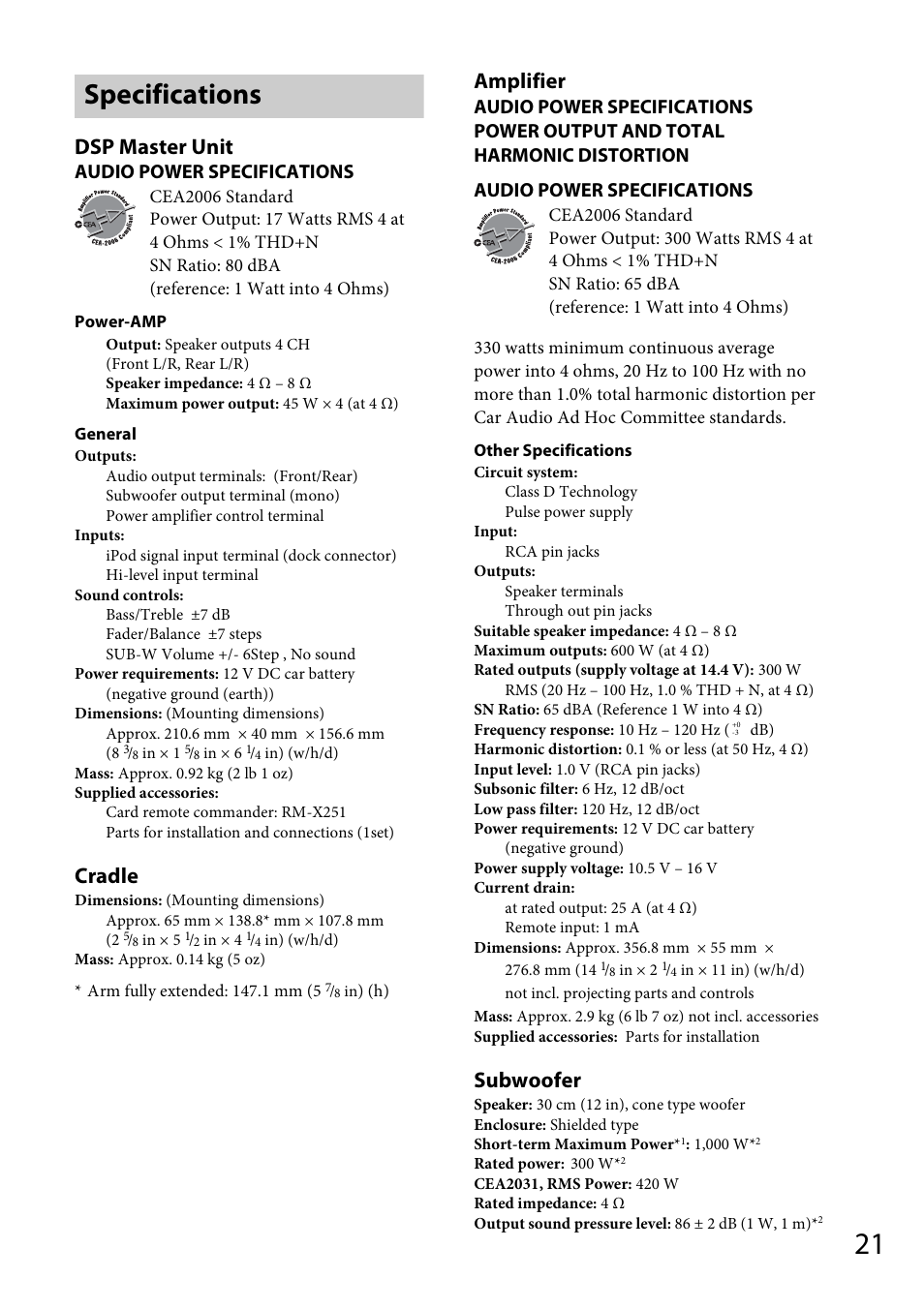 Specifications, Dsp master unit, Cradle | Amplifier, Subwoofer, Audio power specifications | Sony XDP-PK1000 User Manual | Page 21 / 52