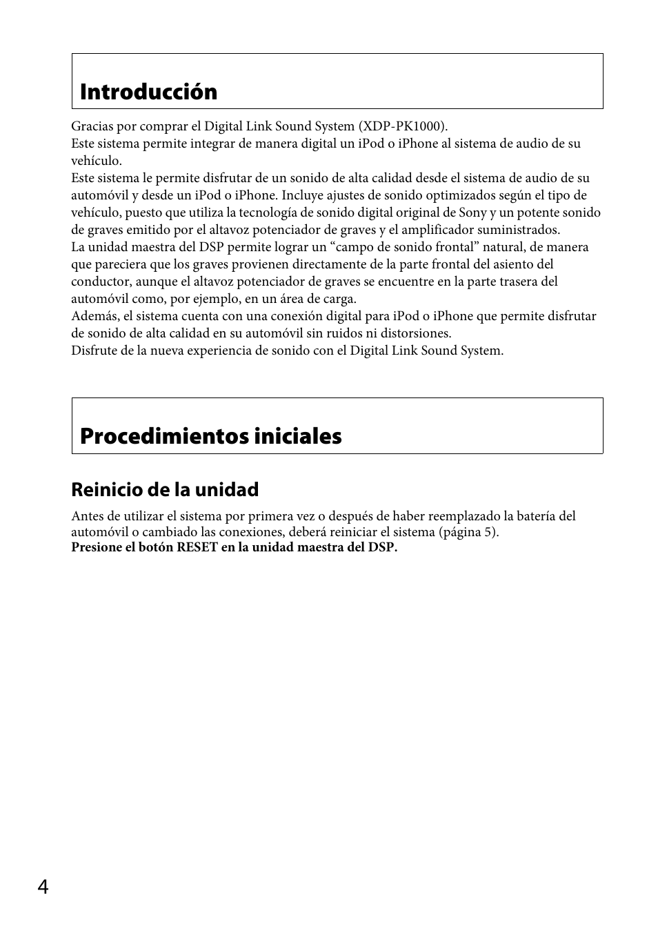 Introducción, Procedimientos iniciales, Reinicio de la unidad | Sony XDP-PK1000 User Manual | Page 28 / 52