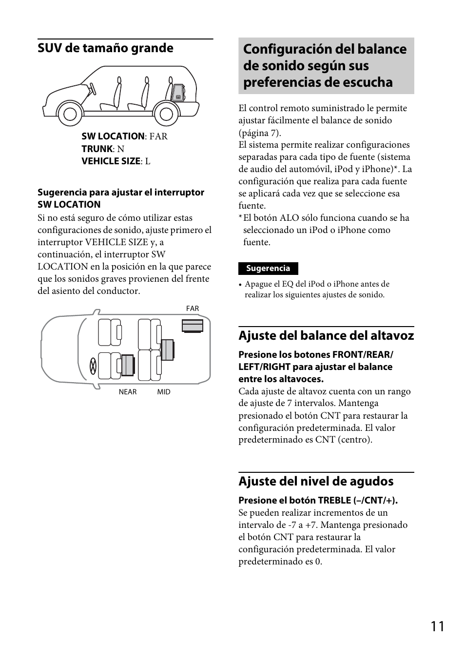 Suv de tamaño grande, Ajuste del balance del altavoz, Ajuste del nivel de agudos | Sony XDP-PK1000 User Manual | Page 35 / 52