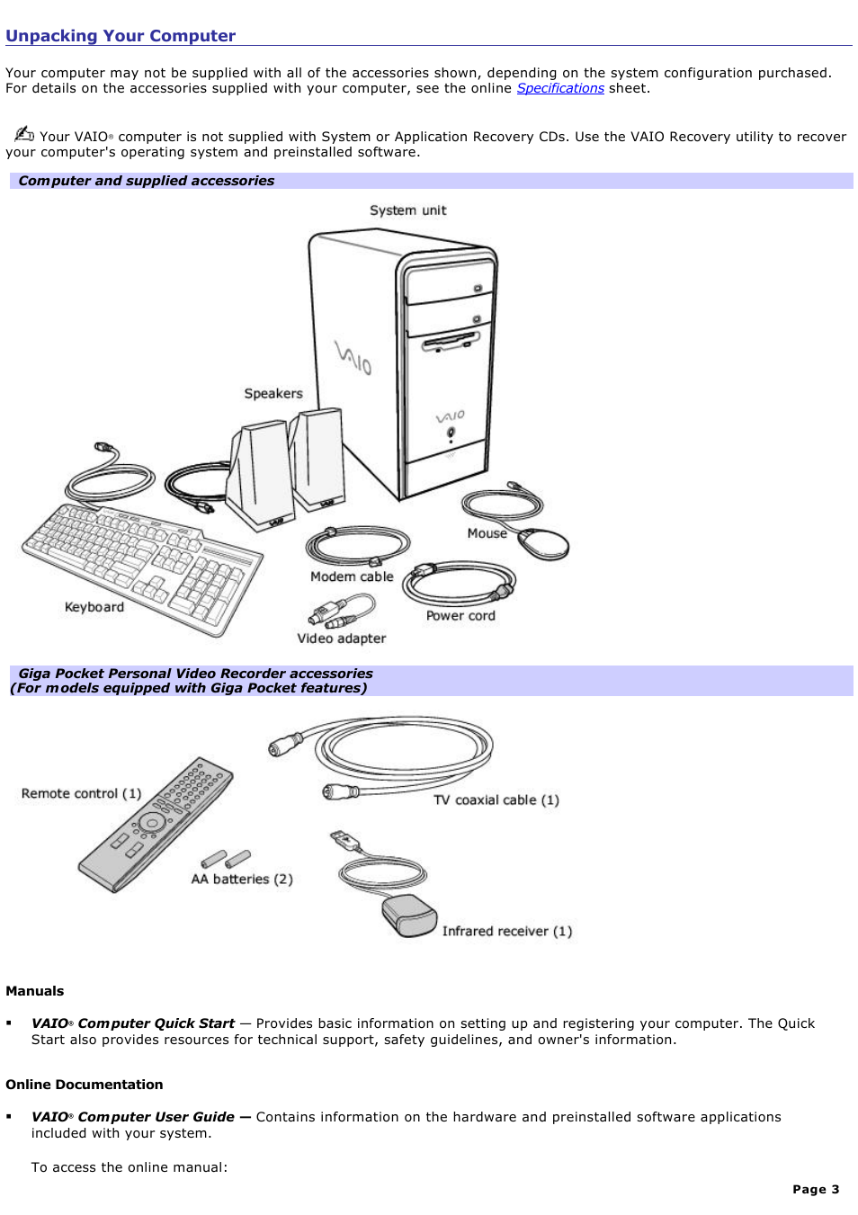 Unpacking your computer | Sony PCV-RS520 User Manual | Page 3 / 143