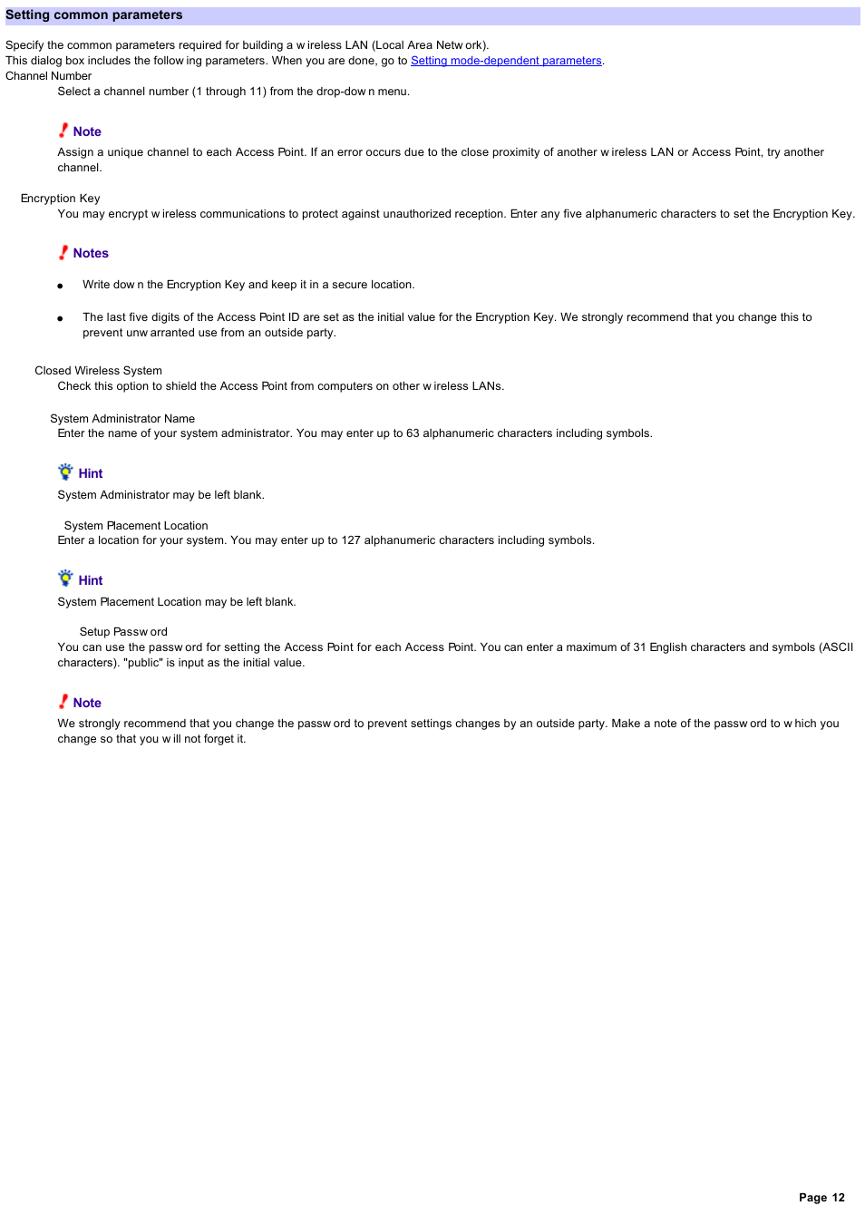 Setting common parameters, Se tting com m on param e te rs | Sony PCWA-A100 User Manual | Page 12 / 61