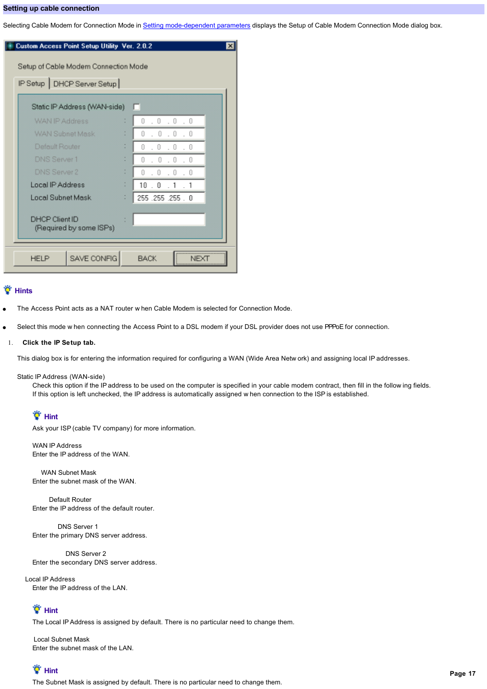 Setting up cable connection | Sony PCWA-A100 User Manual | Page 17 / 61