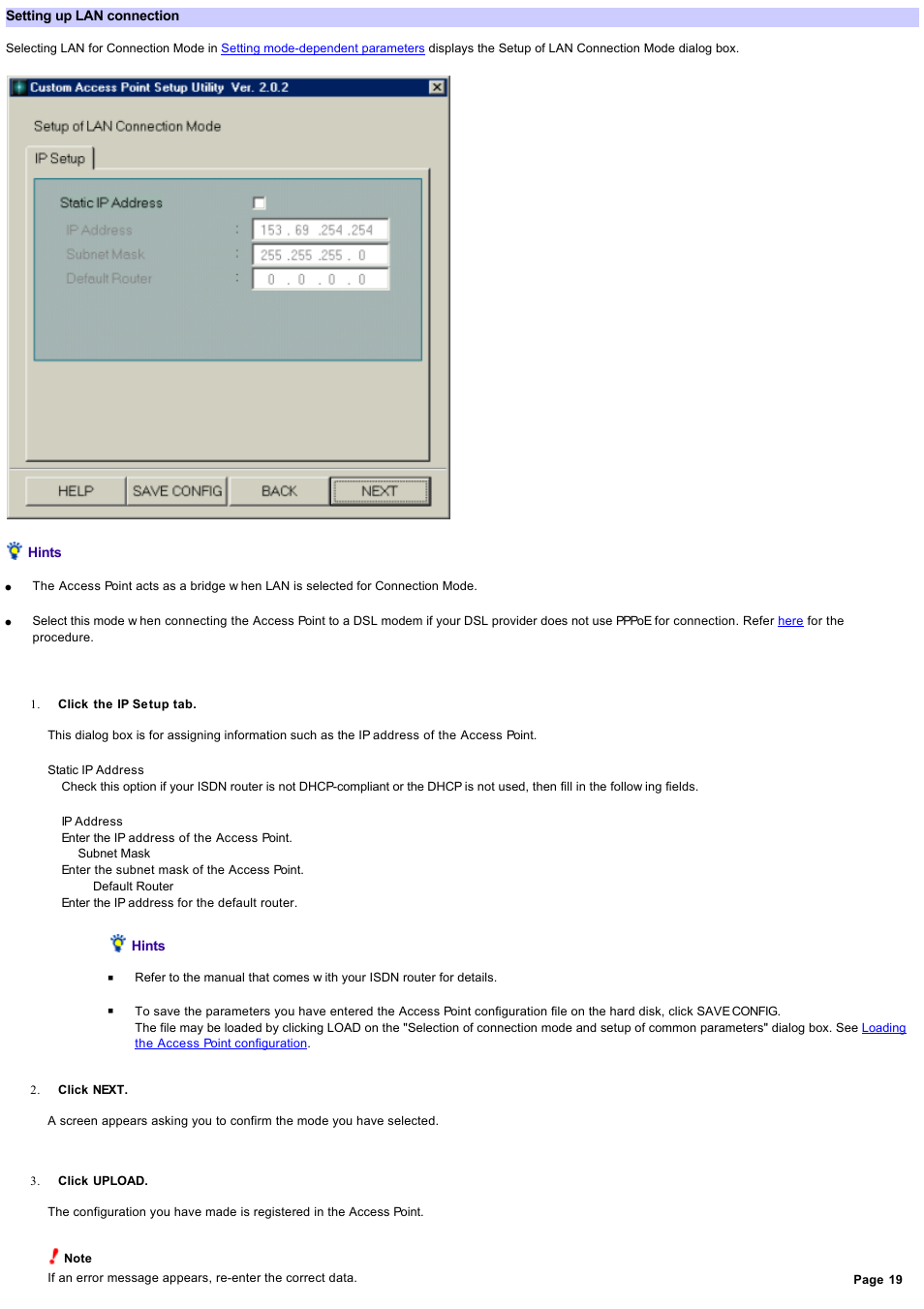 Setting up lan connection, Setting up isdn connection | Sony PCWA-A100 User Manual | Page 19 / 61