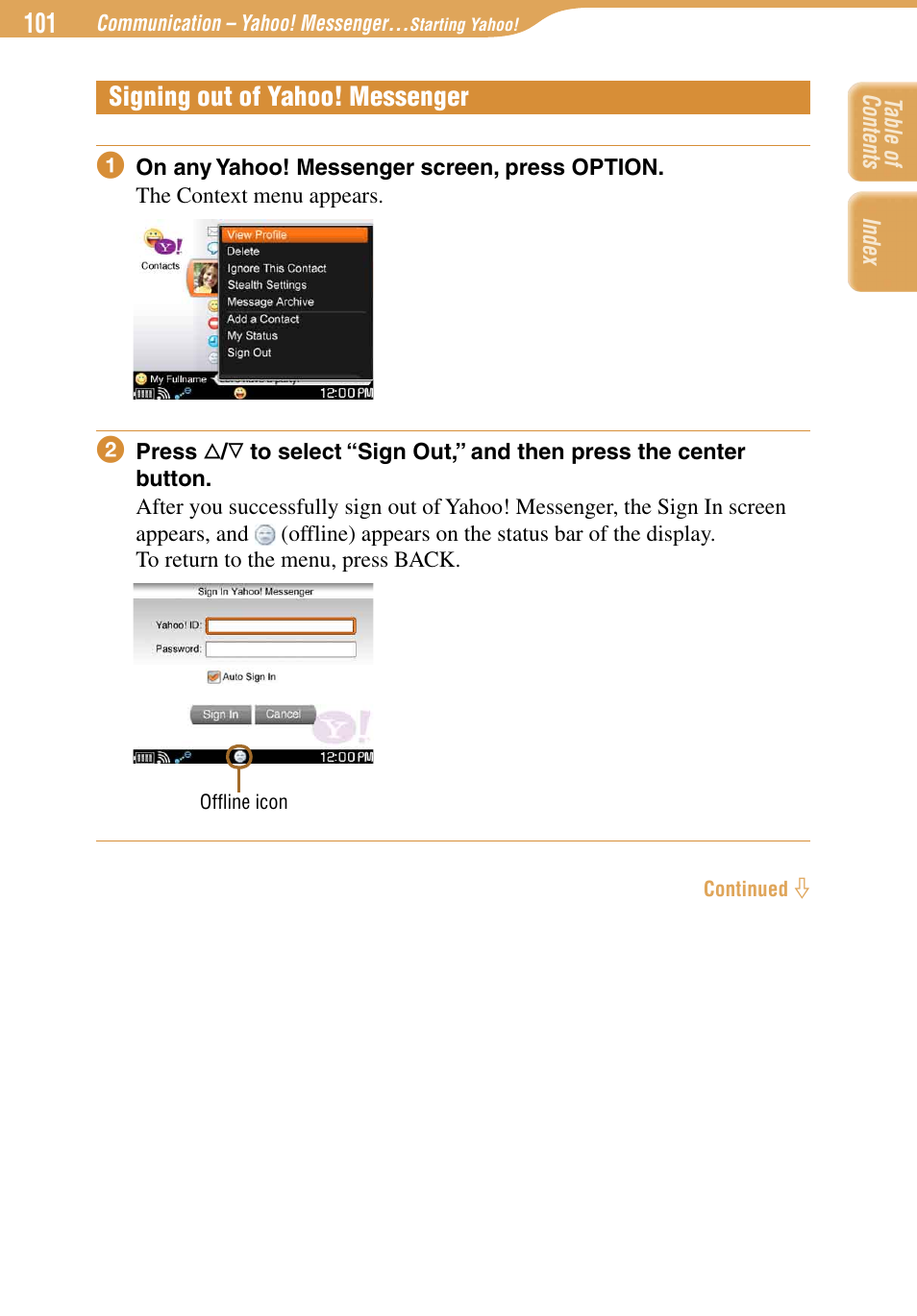 Signing out of yahoo! messenger | Sony COM-1 User Manual | Page 101 / 252