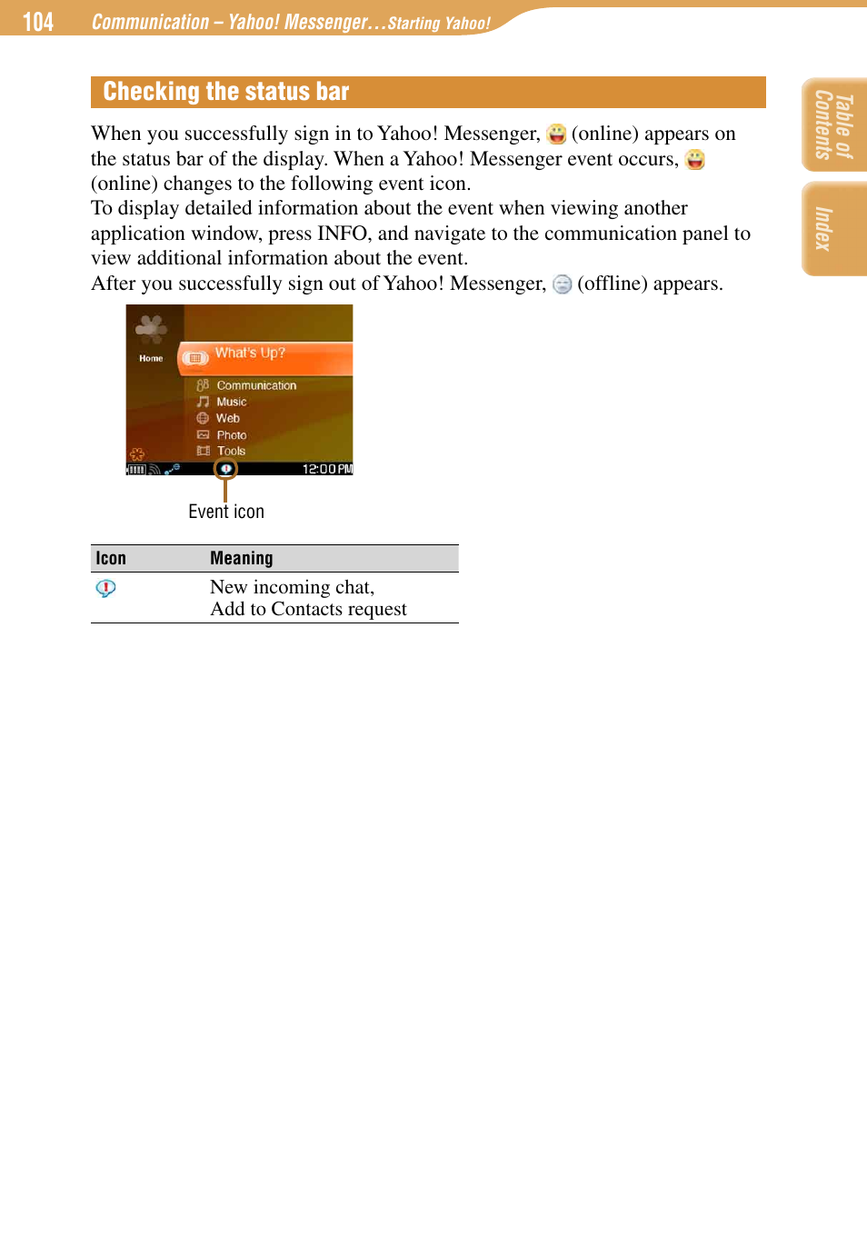 Checking the status bar | Sony COM-1 User Manual | Page 104 / 252