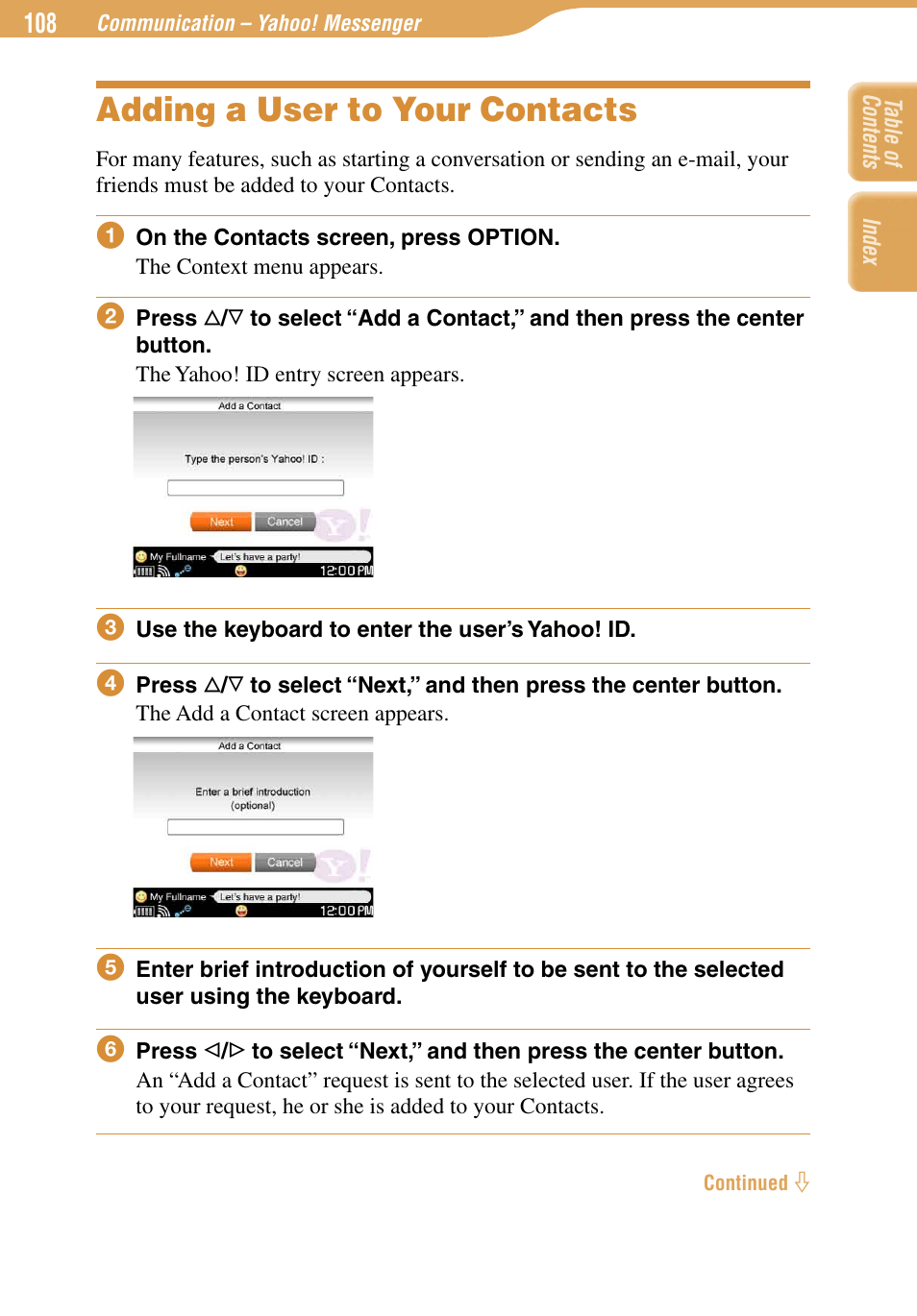 Adding a user to your contacts | Sony COM-1 User Manual | Page 108 / 252