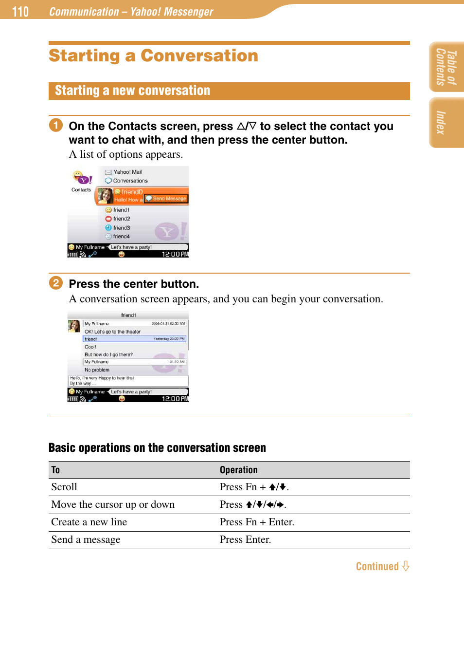 Starting a conversation, Starting a new conversation | Sony COM-1 User Manual | Page 110 / 252