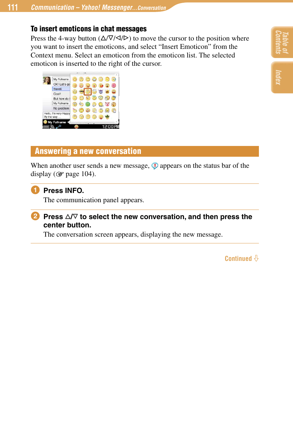 Answering a new conversation | Sony COM-1 User Manual | Page 111 / 252