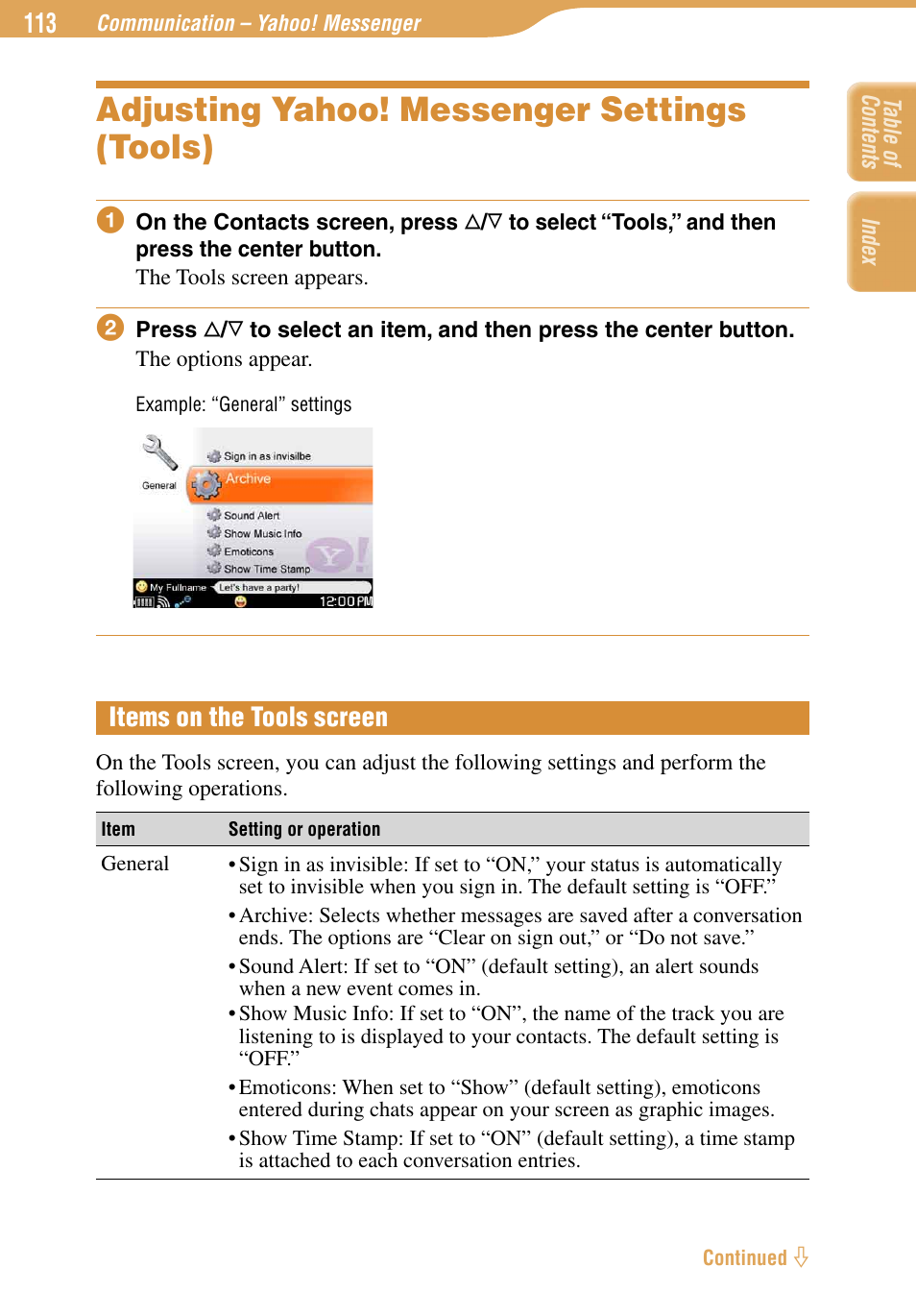 Adjusting yahoo! messenger settings (tools), Items on the tools screen | Sony COM-1 User Manual | Page 113 / 252