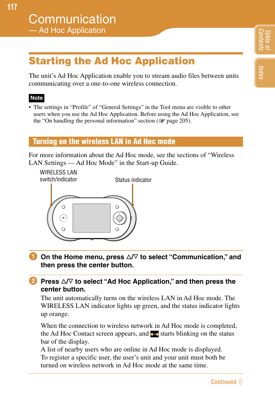 Communication — ad hoc application, Starting the ad hoc application, Turning on the wireless lan in ad hoc mode | Communication, Ad hoc application 117 | Sony COM-1 User Manual | Page 117 / 252