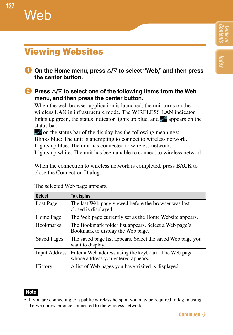 Viewing websites | Sony COM-1 User Manual | Page 127 / 252