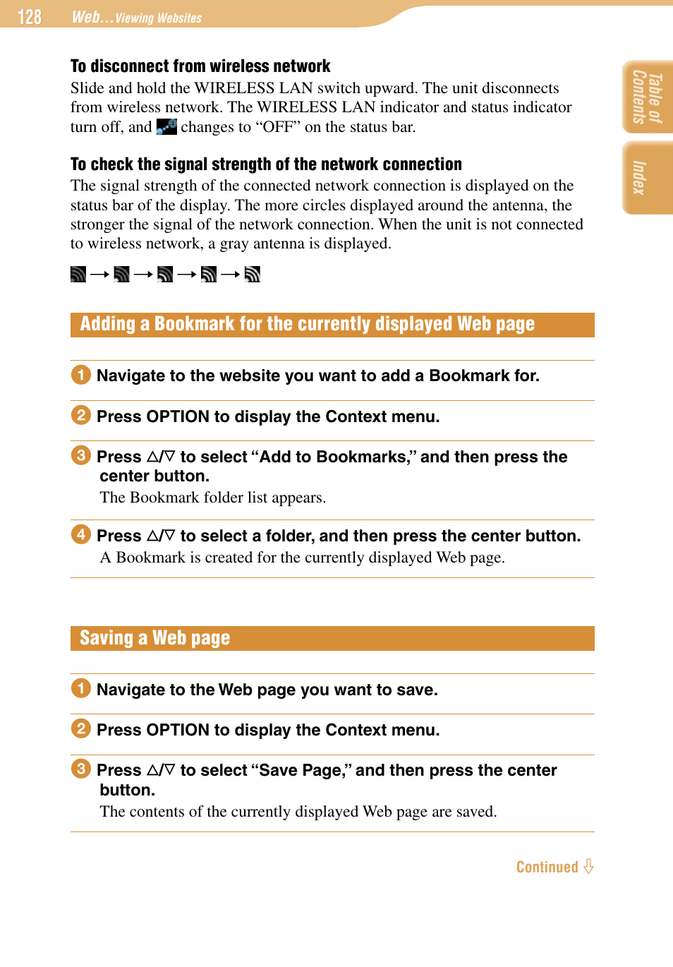 Adding a bookmark for the currently displayed, Saving a web page | Sony COM-1 User Manual | Page 128 / 252