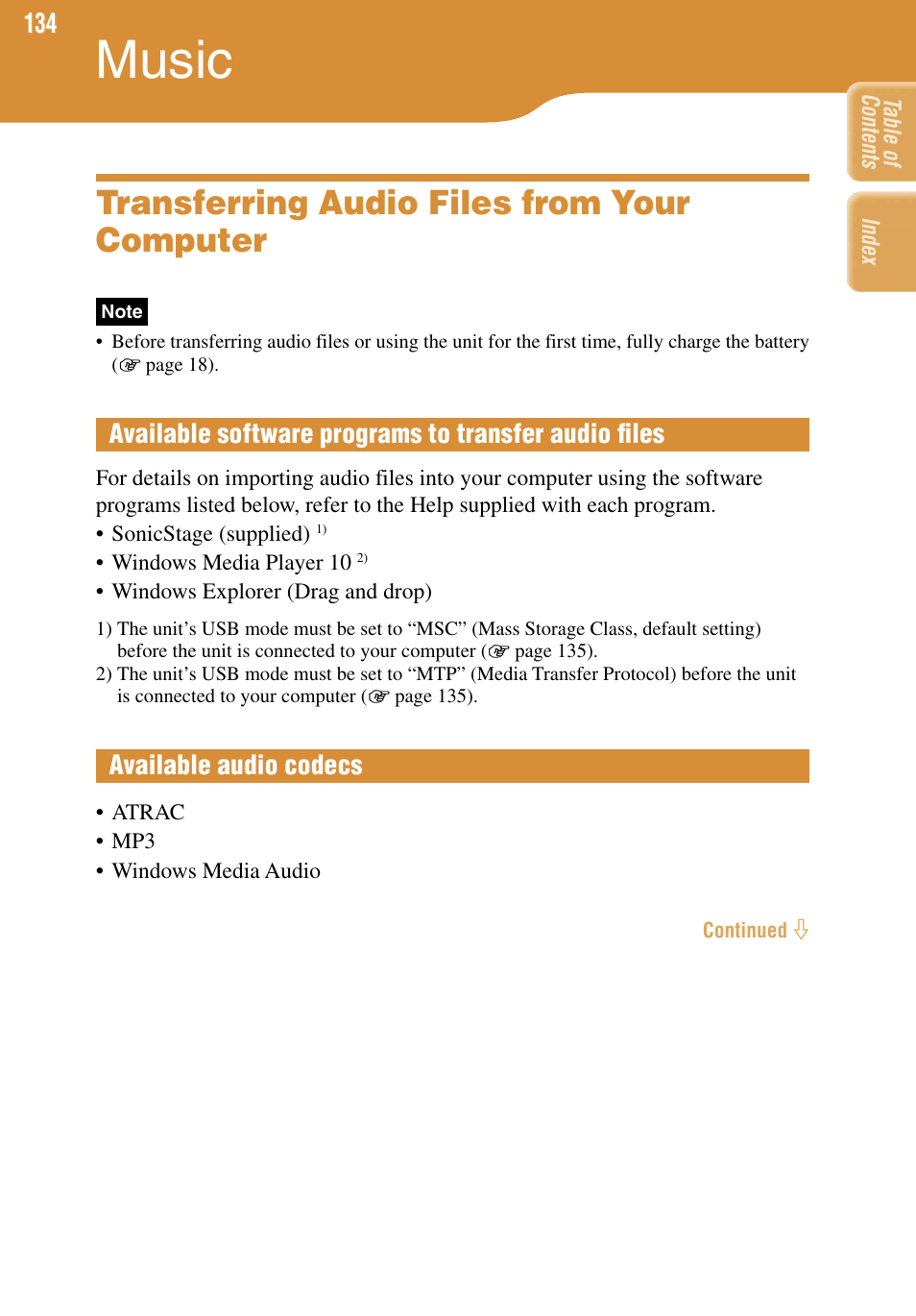 Music, Transferring audio files from your computer, Available audio codecs | Available software programs to transfer audio ﬁles | Sony COM-1 User Manual | Page 134 / 252
