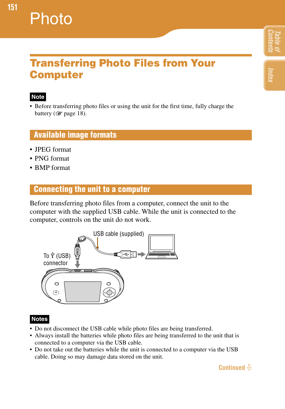 Photo, Transferring photo files from your computer, Available image formats | Connecting the unit to a computer | Sony COM-1 User Manual | Page 151 / 252