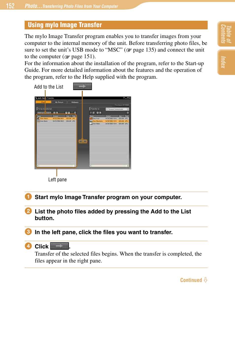 Using mylo image transfer | Sony COM-1 User Manual | Page 152 / 252
