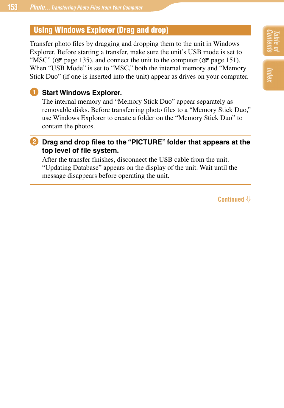 Using windows explorer (drag and drop) | Sony COM-1 User Manual | Page 153 / 252