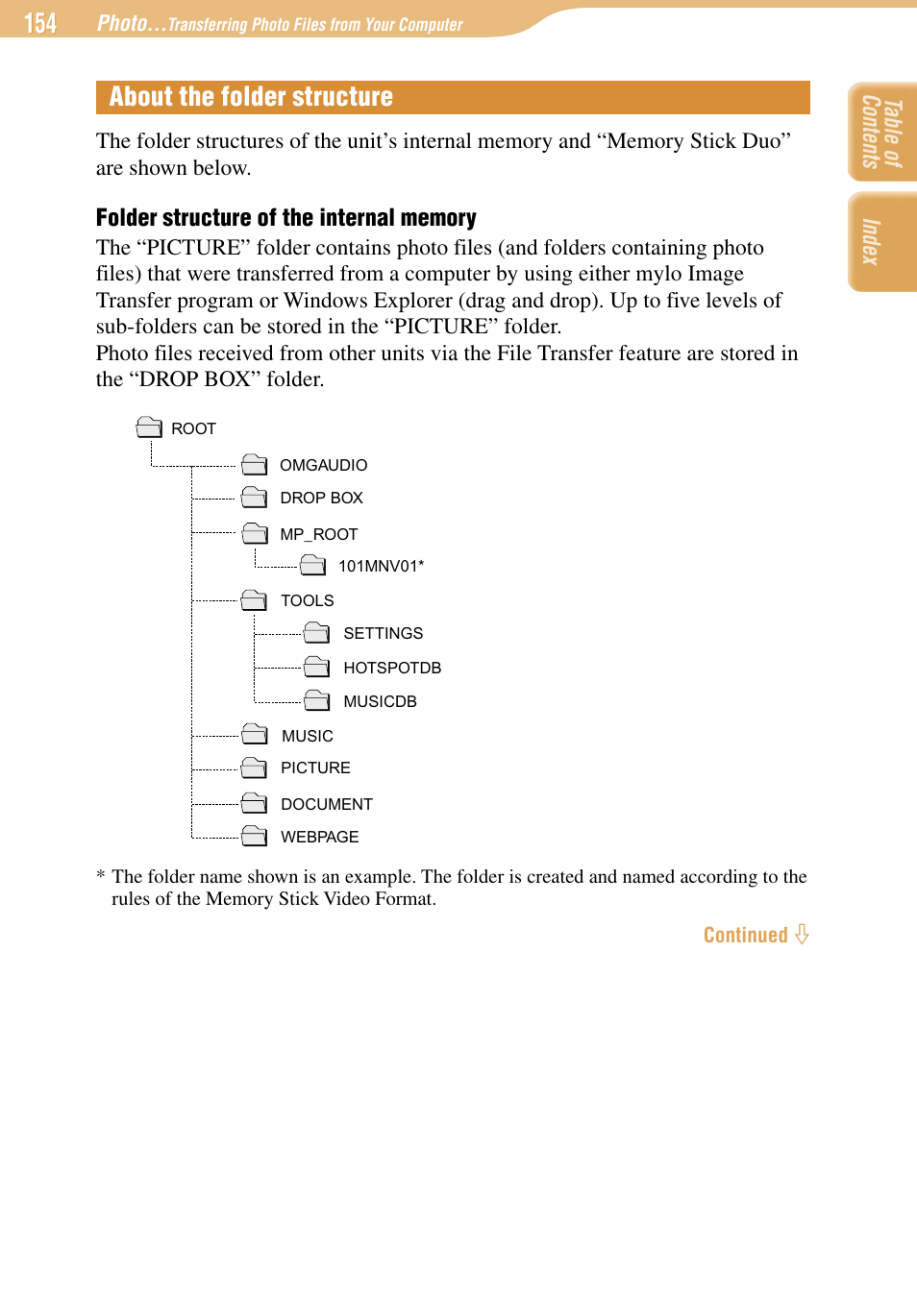 About the folder structure, Index table of contents | Sony COM-1 User Manual | Page 154 / 252