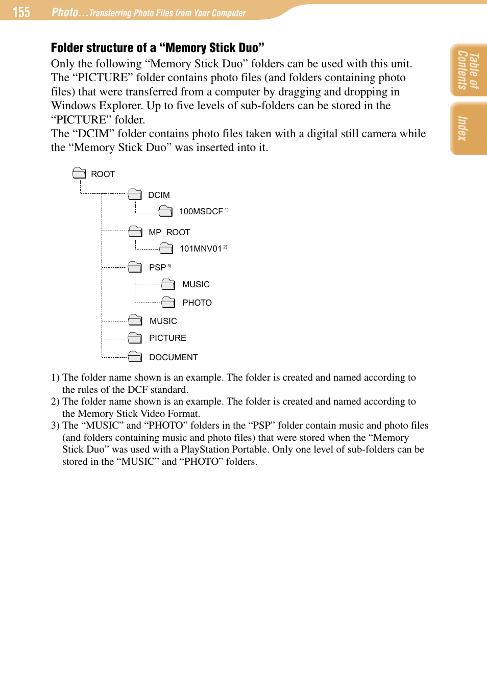 Index table of contents, Photo | Sony COM-1 User Manual | Page 155 / 252