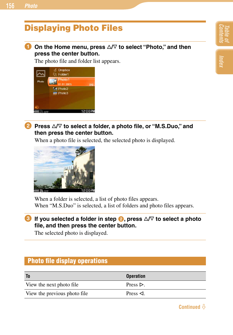 Displaying photo files, Photo file display operations, Photo ﬁle display operations | Sony COM-1 User Manual | Page 156 / 252