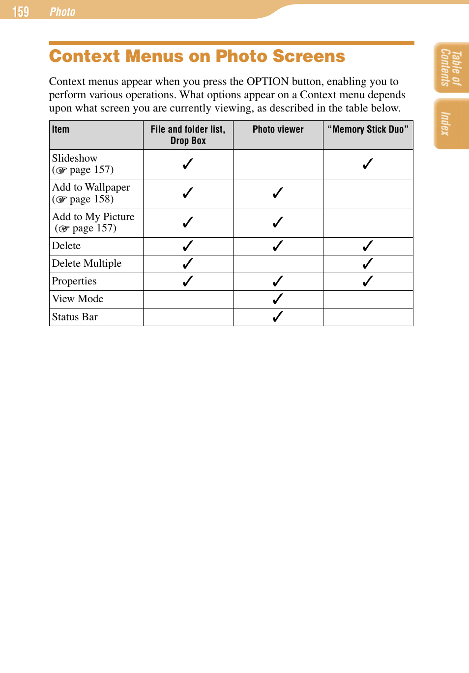 Context menus on photo screens | Sony COM-1 User Manual | Page 159 / 252