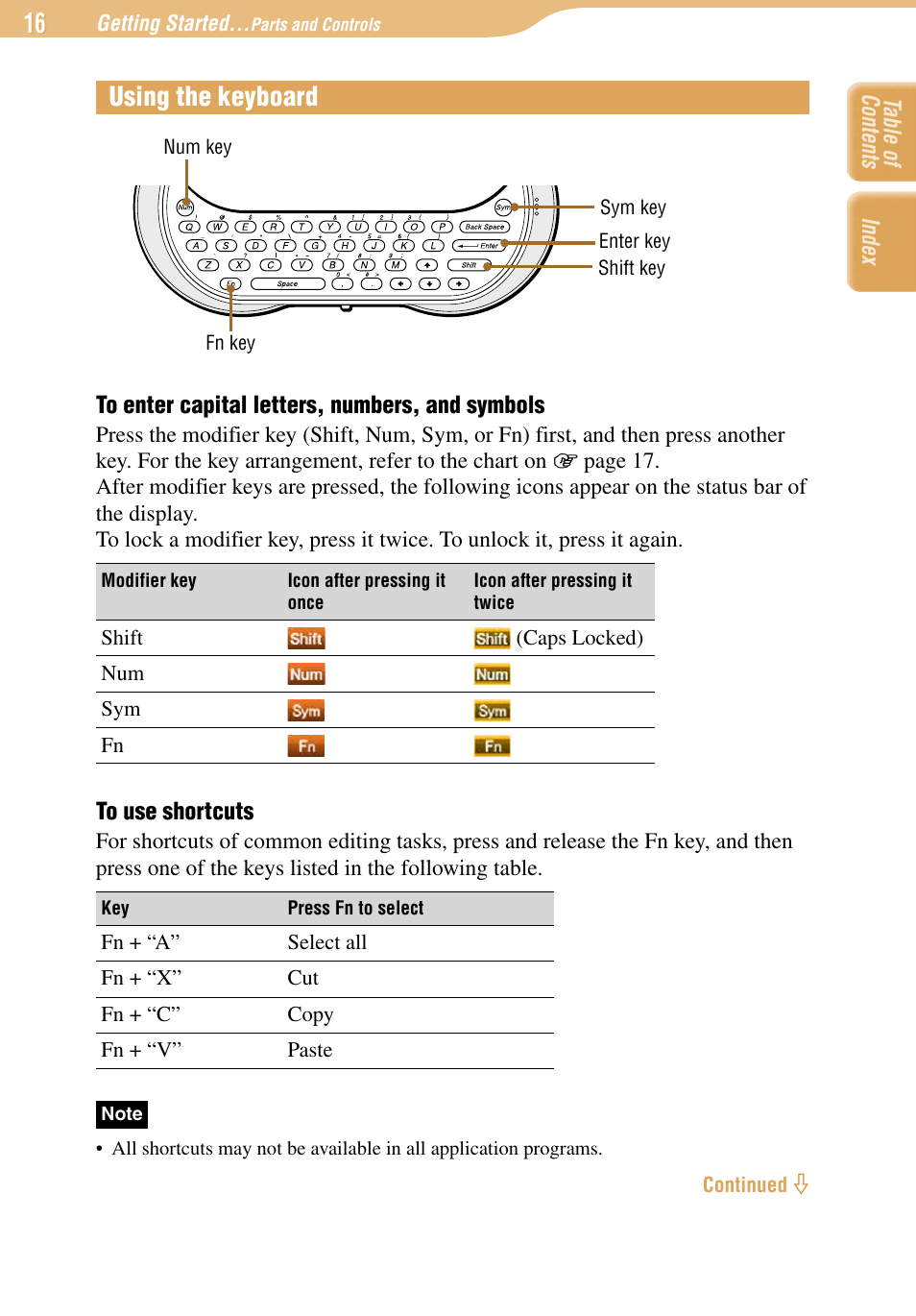 Using the keyboard | Sony COM-1 User Manual | Page 16 / 252