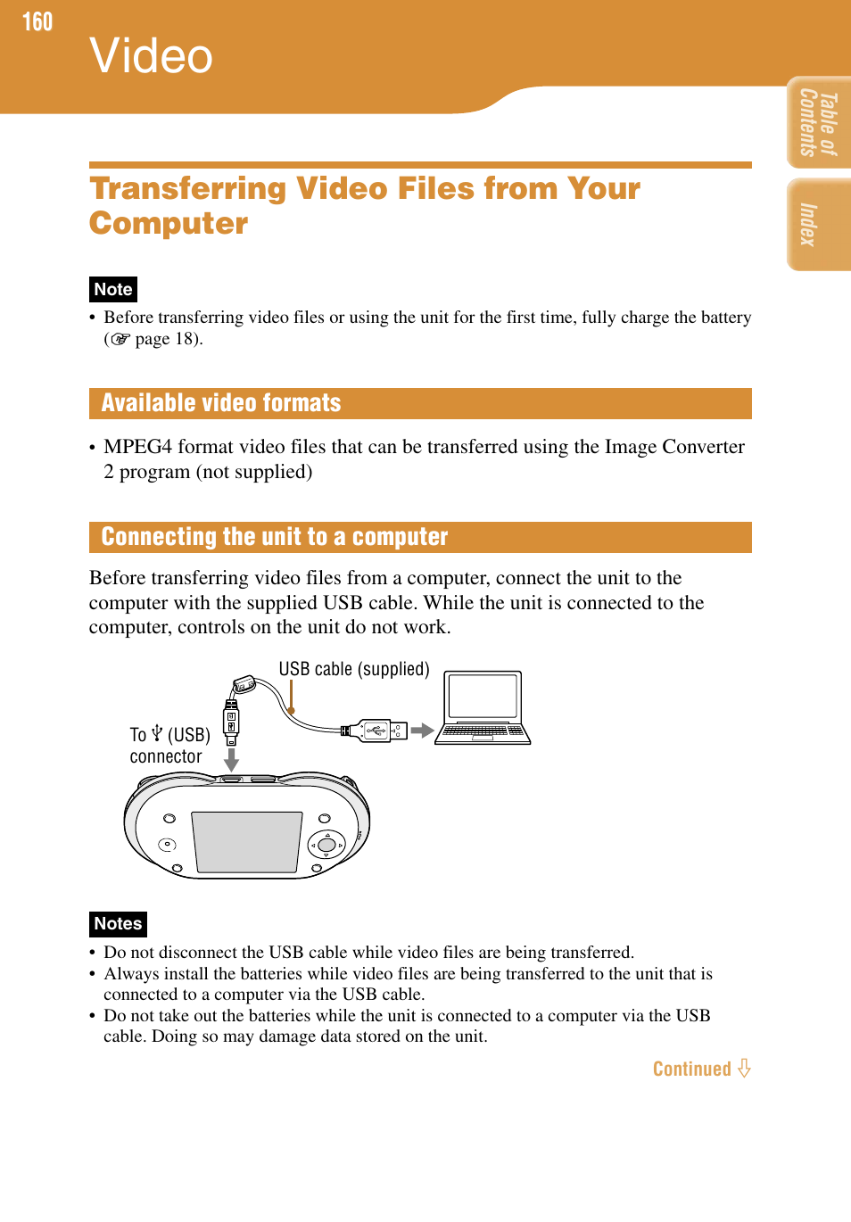 Video, Transferring video files from your computer, Available video formats | Connecting the unit to a computer | Sony COM-1 User Manual | Page 160 / 252