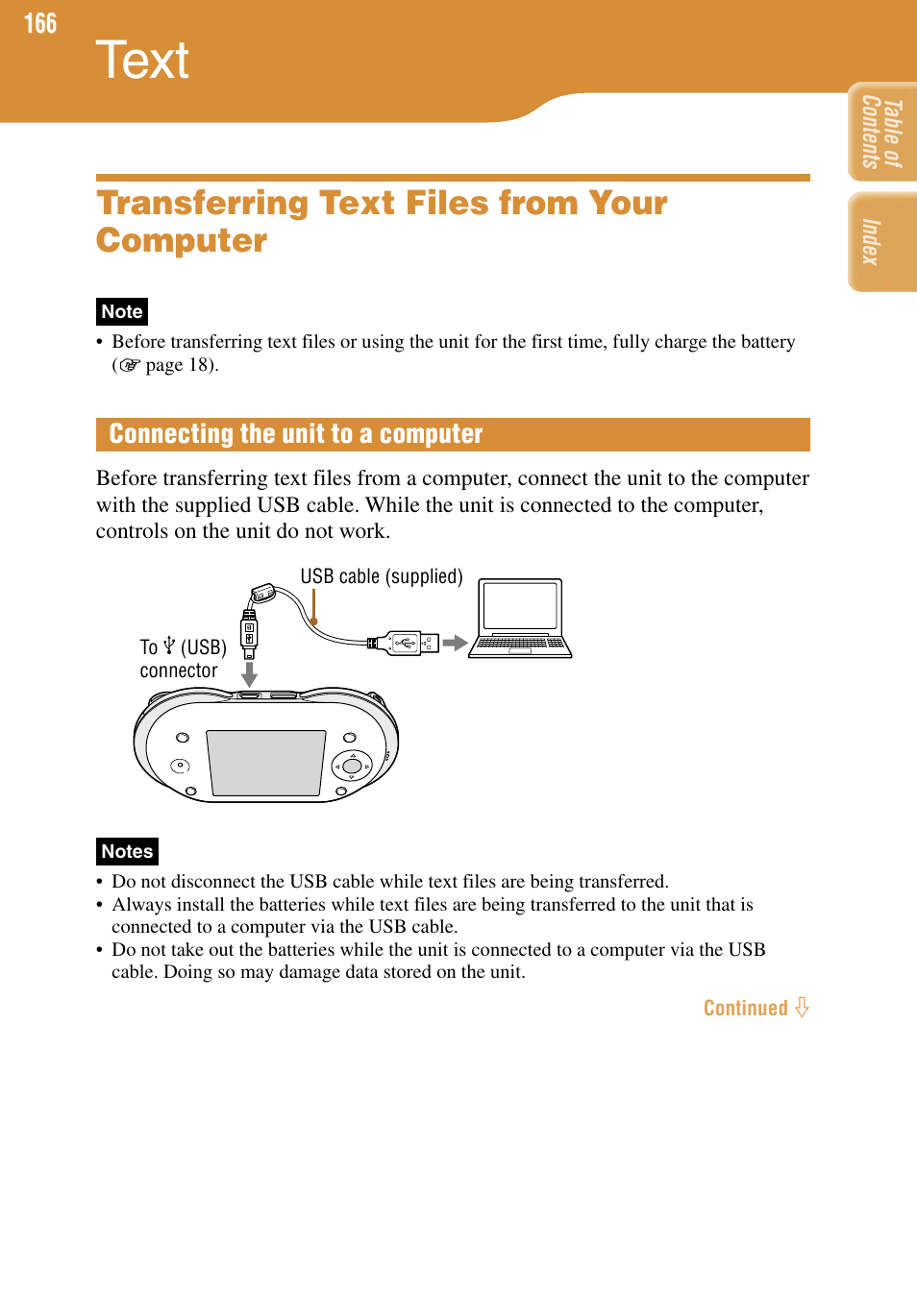 Text, Transferring text files from your computer, Connecting the unit to a computer | Sony COM-1 User Manual | Page 166 / 252