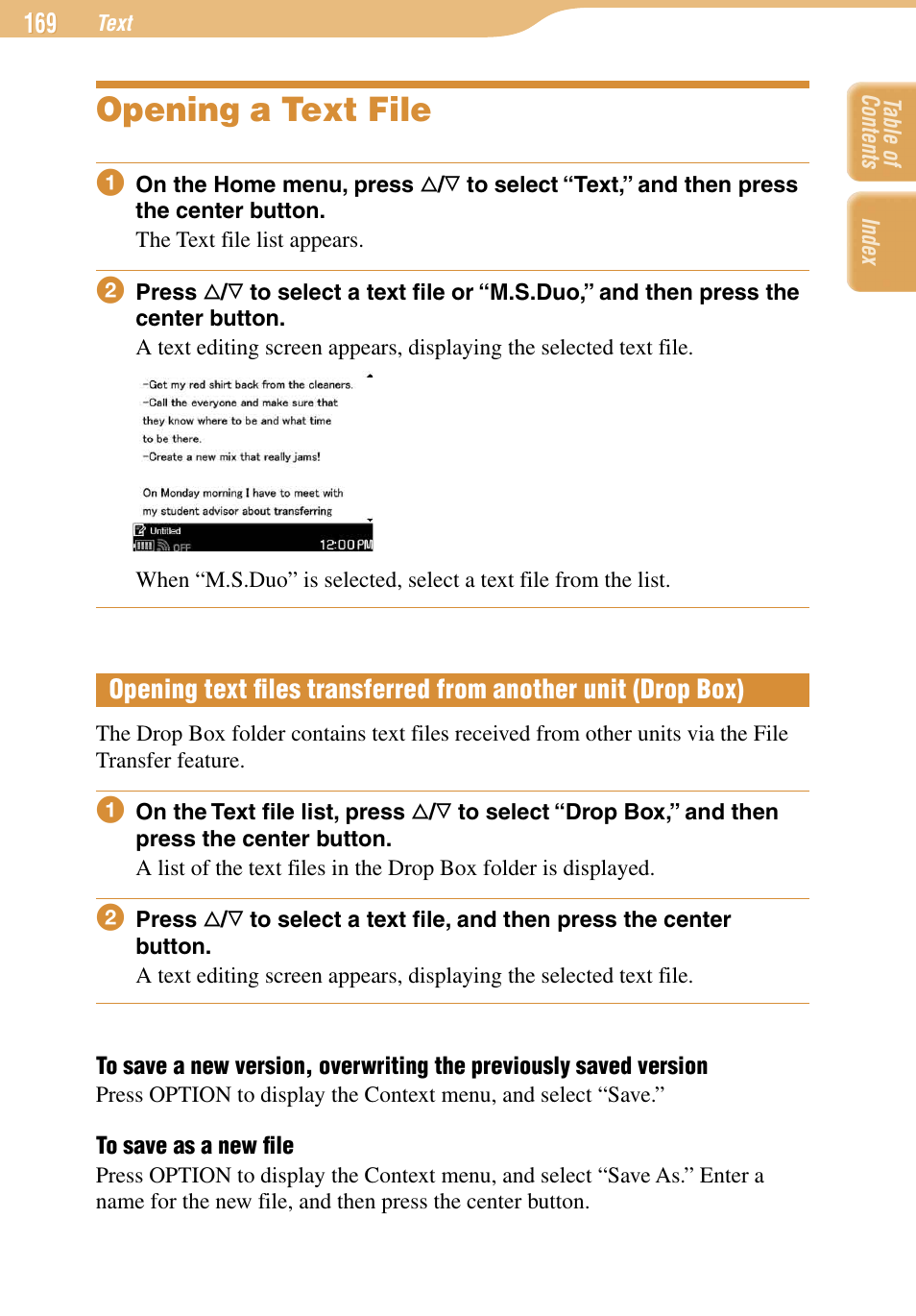 Opening a text file, Opening text files transferred from another unit, Drop box) | Sony COM-1 User Manual | Page 169 / 252