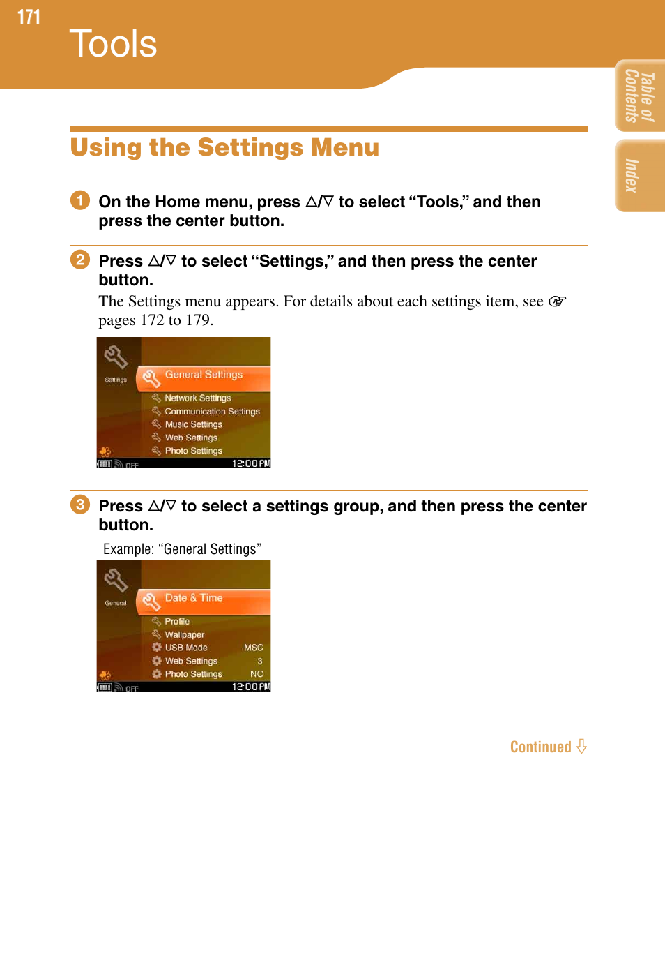 Tools, Using the settings menu | Sony COM-1 User Manual | Page 171 / 252