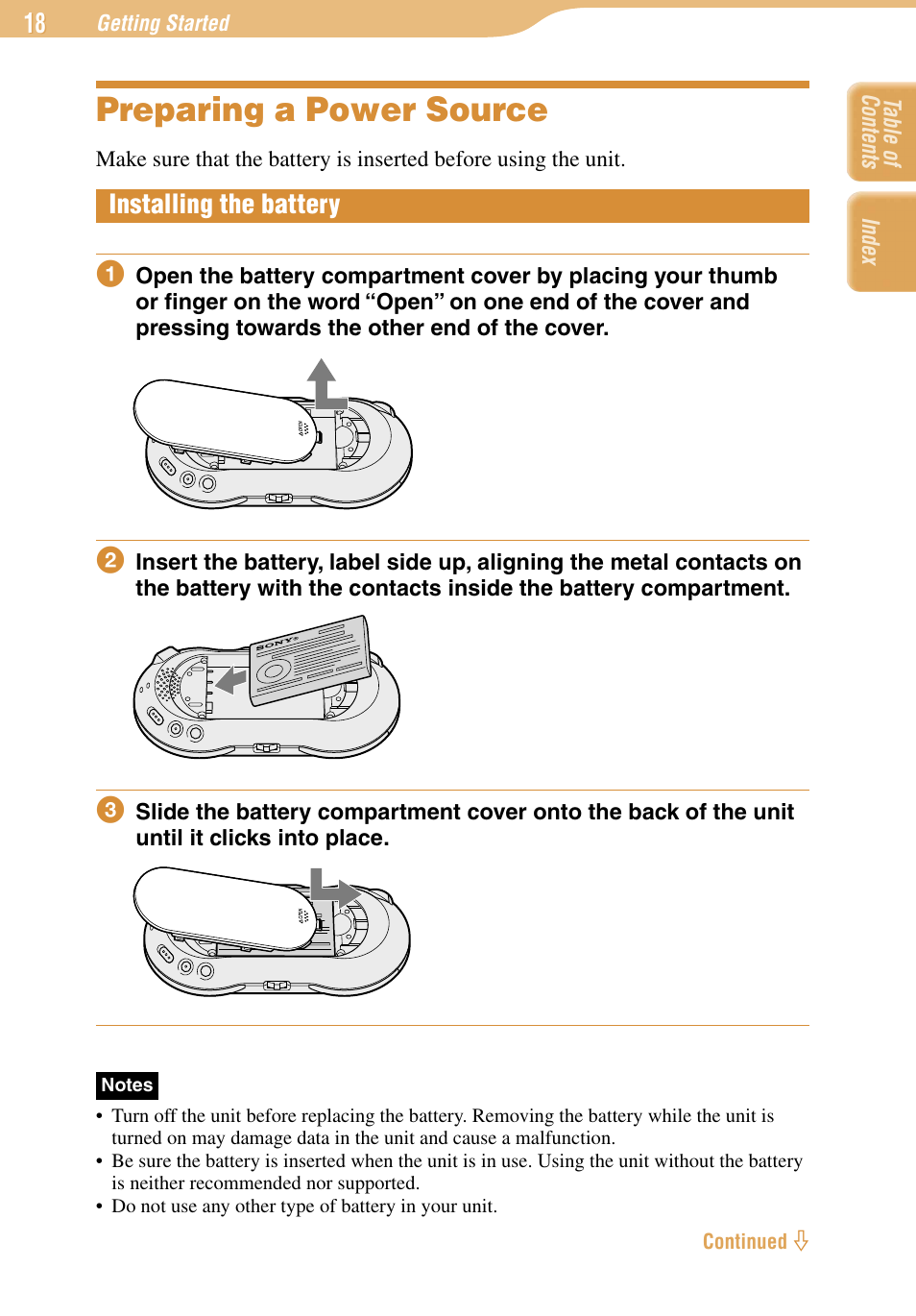 Preparing a power source, Installing the battery | Sony COM-1 User Manual | Page 18 / 252